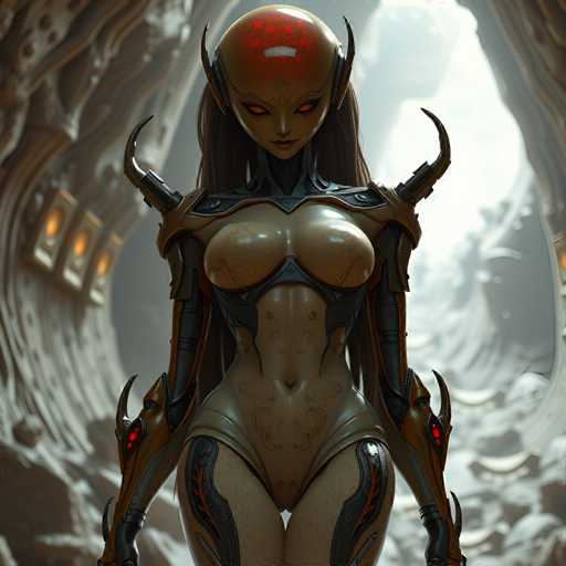 A woman with long brown hair and red eyes is depicted as a robot-like figure wearing armor that includes horns on her head. She stands in front of a cave or tunnel entrance, which has a rough texture and appears to be made of stone or concrete. The image does not contain any discernible text.