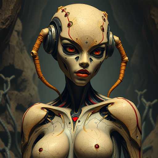 The image depicts an alien-like creature with a white head and body adorned with red jewels on its face. The creature is wearing headphones and has two large horns protruding from its head. The creature's arms are crossed over its chest in a relaxed manner.