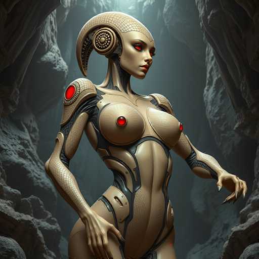The image depicts a female robot with red eyes and horns on her head, standing in front of a cave-like structure made of gray rocks. The robot is wearing a beige suit that has a red emblem on the chest area.