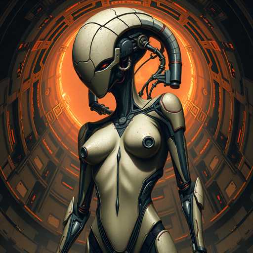 The image depicts a robot with a large head and arms, standing against an orange background that resembles the inside of a spaceship or a futuristic cityscape. The robot is wearing a white suit with black accents on its chest and legs, giving it a futuristic appearance.