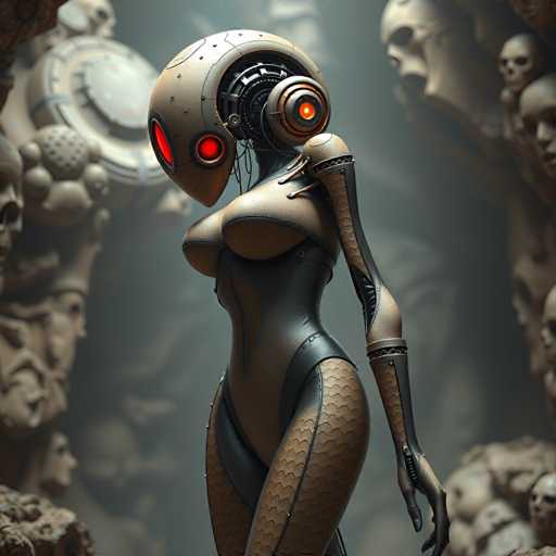 The image depicts a robot with a red head and arms standing in front of a group of stone heads. The robot is wearing a black outfit that includes a skirt and boots. The background features a dark gray color scheme with various shapes and sizes of stone heads scattered throughout the scene, creating an atmosphere of mystery and intrigue.