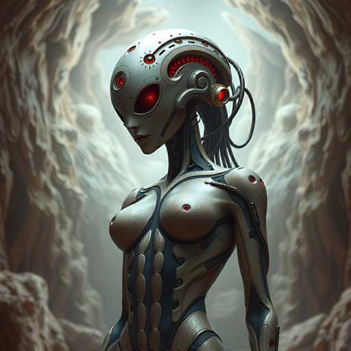 A female robot with red eyes and a large head stands in front of a cave entrance, wearing a silver suit that has a blue stripe running down the center. The background is dark and features a rocky landscape with trees and shrubs.