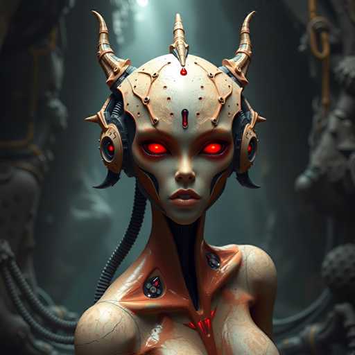 The image shows a 3D rendering of a female character with red eyes and horns on her head. She is wearing a white helmet adorned with gold accents that has a large red eye at the front. The character appears to be in a cave-like environment, suggesting an immersive or fantastical setting.