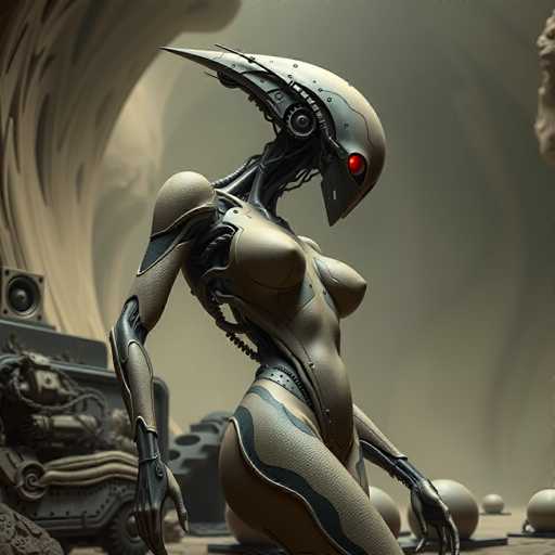 A robot with a red head and arms stands on its hind legs, wearing a beige suit with silver accents and holding a microphone in one hand while the other hand is raised to its face as if speaking or making a gesture. The background features a large rock formation and a speaker system, suggesting an industrial setting.