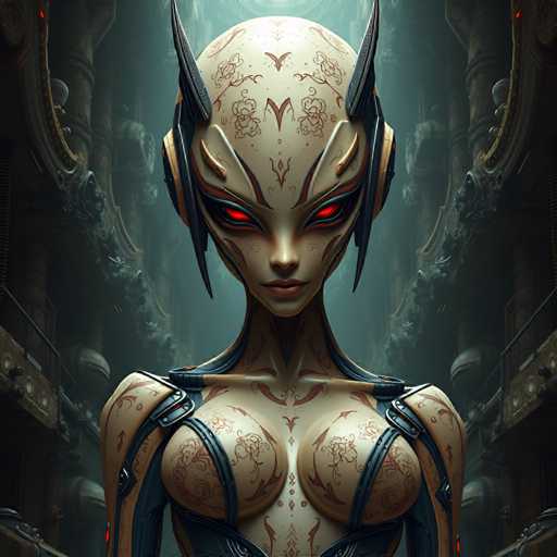 The image depicts an alien-like creature with a white head and red eyes, wearing a black outfit adorned with intricate designs on the chest area. The creature is standing against a dark background that includes a building and a staircase, suggesting it might be in a futuristic or alternate universe setting.