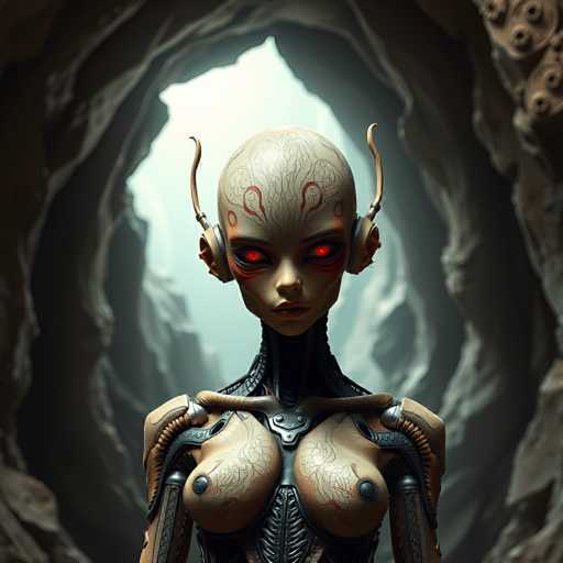 The image shows a 3D rendering of a female character with red eyes and large ears, standing in the center of an underground cave-like structure made of stone or rock. The character is wearing a metallic bodysuit that has a unique design on her chest area.