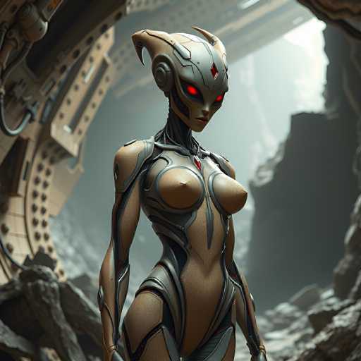 A 3D rendering of a female robot with red eyes and horns on her head, standing in front of a large rock formation that appears to be part of an industrial complex or a cave-like structure. The robot is wearing a silver suit with red accents and has a skull design on its chest.