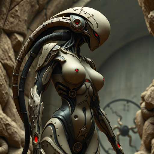 A 3D rendering of a female robot with long hair and red eyes, standing in front of a stone wall and holding a large ball. The robot is wearing a helmet with a large antenna on top that has red lights at the top.