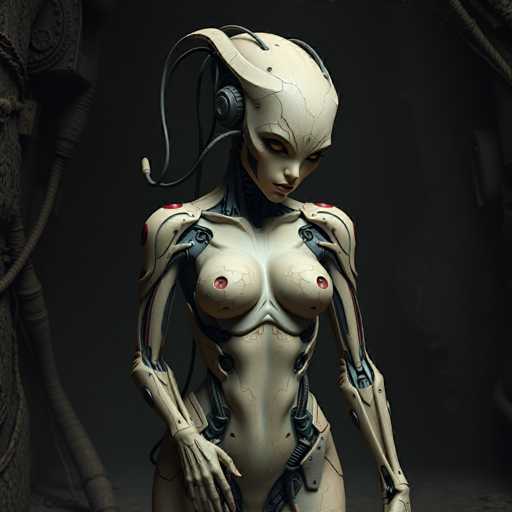 The image depicts a female robot with a white body and black hair, wearing headphones on her head and holding a gun in her right hand. The background is dark and features pipes running along the ceiling.