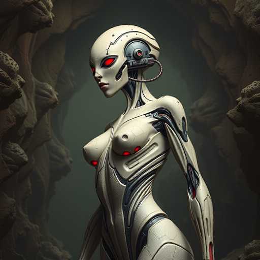 A 3D rendering of a female robot with red eyes and a white headband stands against a dark green background featuring jagged rocks and cave-like structures.