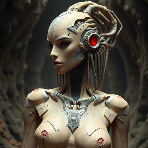 A woman with silver hair and a futuristic headpiece is shown from the shoulders down against a dark background of stone carvings and tunnels.