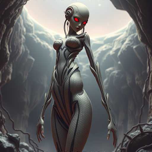 The image depicts a futuristic woman with red eyes and large arms standing against a backdrop of dark gray rock formations. The woman is wearing a white bodysuit that features black lines running down the sides. She has long hair and large red eyes, giving her an otherworldly appearance. The background includes a large hole in the sky surrounded by rocks, creating a sense of depth and mystery to the scene.