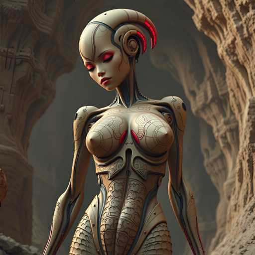 A woman with red hair and a white skull design on her forehead is depicted in a 3D rendering of a robot-like form against a dark background. The woman's arms are outstretched to the sides, and she appears to be walking or standing still.