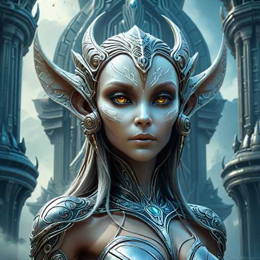 The image depicts a woman with long blonde hair wearing a silver headdress adorned with horns and intricate designs. She is standing in front of a large stone archway that features columns on either side. The background is a dark blue color, which contrasts with the white elements in the foreground.