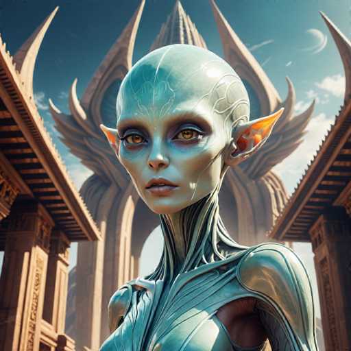 The image depicts an alien-like creature with a green body and large ears, standing in front of a grand stone structure that resembles a castle or palace. The creature is facing the camera directly, giving a clear view of its features.