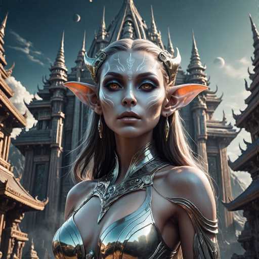 A woman with long blonde hair and large earrings stands in front of a castle-like structure made of stone and featuring multiple spires on top. The image is rendered in 3D and has a realistic style that makes the woman appear to be standing right before her.