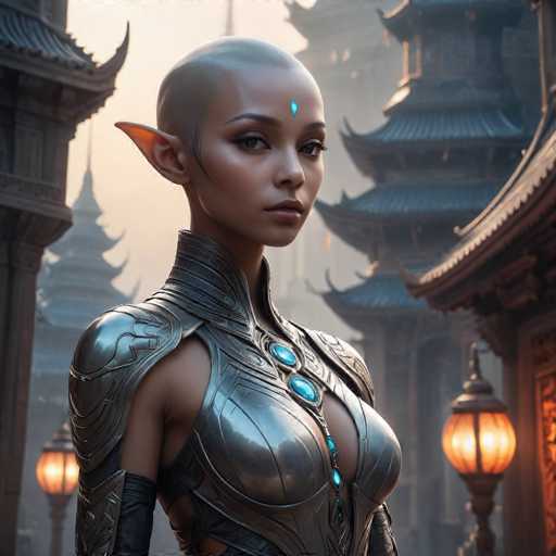 A woman with short blonde hair and a blue eye is standing in front of a temple complex. She is wearing a silver armor suit that has intricate designs on it, including a large blue gemstone at the center. The temple behind her features multiple tiers of roofs and columns, suggesting a historical or cultural significance to the location.