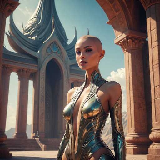 A woman stands in front of a large stone archway with a dragon-like headpiece on her head and a flowing dress that cascades down to the ground. The sky above is clear blue with fluffy white clouds.