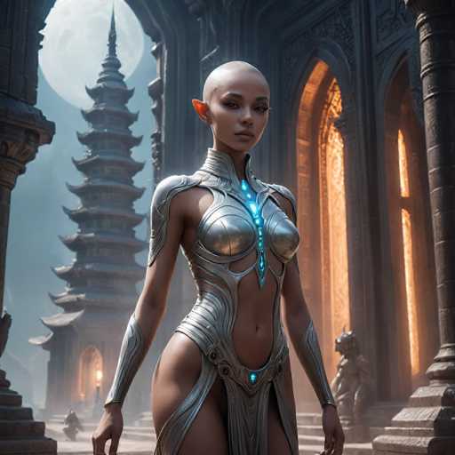 A woman stands in front of a temple with a blue sky and full moon behind her. She is dressed in silver armor and has a bald head. The temple features intricate carvings on its walls and pillars.