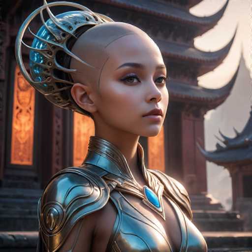 A woman with blonde hair and a silver headdress stands in front of a traditional Chinese temple. The temple is adorned with intricate carvings and features red roofs that contrast with the clear blue sky above.