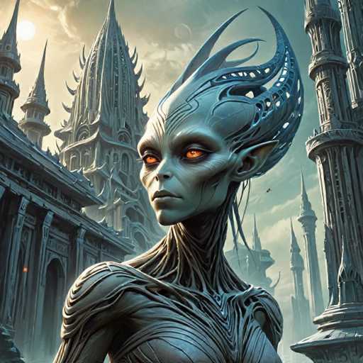 The image depicts an alien-like creature with a large head and long hair, standing in front of a castle-like structure. The creature is wearing a blue dress that contrasts with the dark background. The castle appears to be made of stone or metal, featuring multiple towers and spires reaching towards the sky.