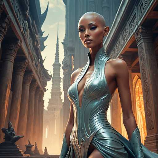 A woman stands confidently against an ancient stone wall with a temple-like structure on either side of her. She is wearing a silver dress that flows down to the ground and has a high neckline accentuated by a plunging neckline. The background features a cityscape with buildings adorned with intricate carvings, suggesting a historical or cultural context.