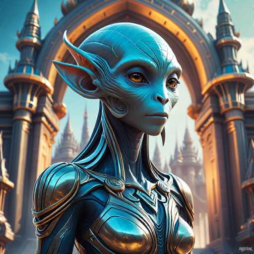 The image depicts an alien-like creature with a blue body and green head standing in front of a castle gate. The creature is wearing a metallic armor that glows under the light. The background features a castle gate adorned with gold accents, suggesting a medieval setting.