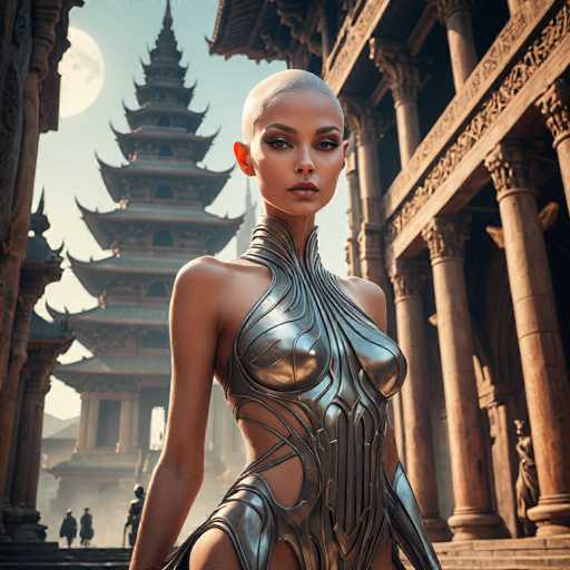 A woman stands in front of a traditional Chinese temple with a pagoda on the left side and a large stone pillar on the right side. She is wearing a silver bodysuit that features intricate designs and patterns. The background shows a clear sky and trees, creating an atmosphere of tranquility and harmony with nature.