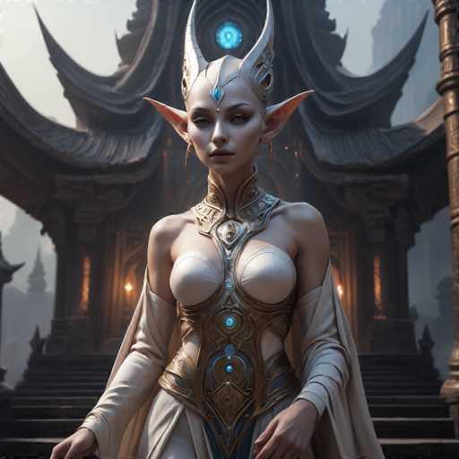 A woman with white hair and a blue eye is standing in front of an ornate temple made of stone, wearing a golden dress that features intricate designs on the bodice and skirt. The temple has a pointed roof and columns supporting it, creating a sense of grandeur and majesty.