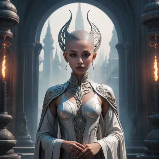 A woman with blonde hair and a white dress stands in front of an archway adorned with intricate designs. The archway is part of a larger structure that includes columns and a tower on the left side of the image. The background features a castle-like building with towers and spires, suggesting a medieval or fantasy setting.