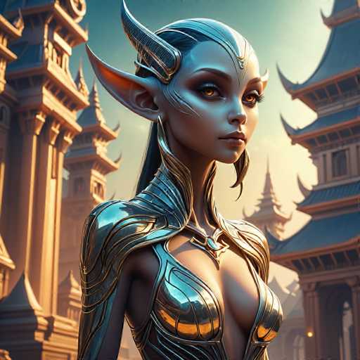 A woman with long hair and a silver headdress stands in front of a temple complex made of stone and wood. The temple is adorned with intricate carvings on its walls and roof, showcasing the craftsmanship of the era. The woman's attire consists of a metallic bodysuit that glimmers under the light, accentuating her features.