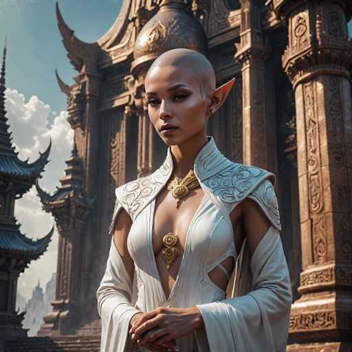 A woman with blonde hair and a white dress stands in front of an ornate temple made of stone, wearing gold jewelry that includes earrings and a necklace. The temple has multiple tiers and is adorned with intricate carvings on its walls and columns.