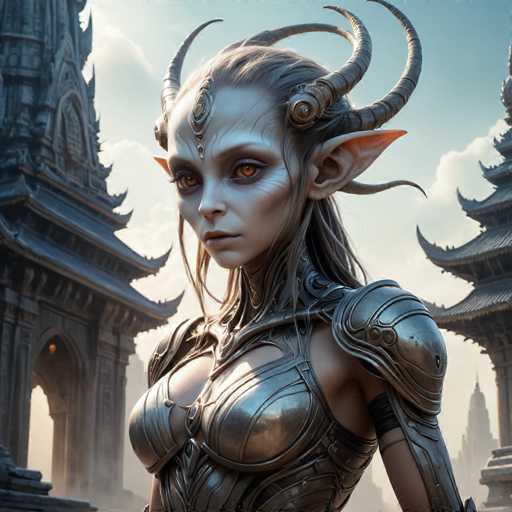 A woman with long blonde hair and large horns is depicted wearing a silver armor suit that includes a helmet and breastplate. She stands in front of an ornate building with intricate architectural details, suggesting the image may have been taken during an era when such structures were common. The woman's expression appears serious or contemplative as she gazes off to the side.