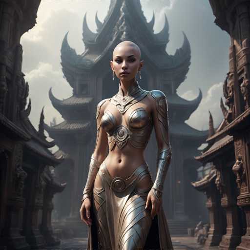 A woman stands in front of a temple with intricate designs and towers reaching towards the sky. She is adorned in a silver bodysuit that features a corset-like design on her torso and a skirt made from metallic fabric. The temple behind her has multiple levels and towers, showcasing the architectural prowess of the region.