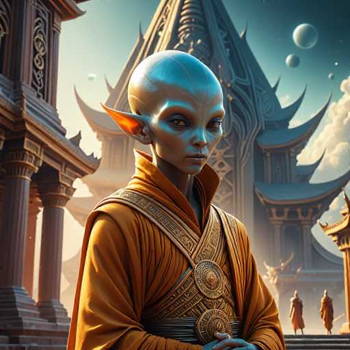 The image depicts an alien with blue skin and large ears standing in front of a temple-like structure adorned with intricate designs. The alien is dressed in an orange robe and gold accents, giving it a regal appearance. In the background, there are other figures present, suggesting that this scene takes place within a larger setting or event.