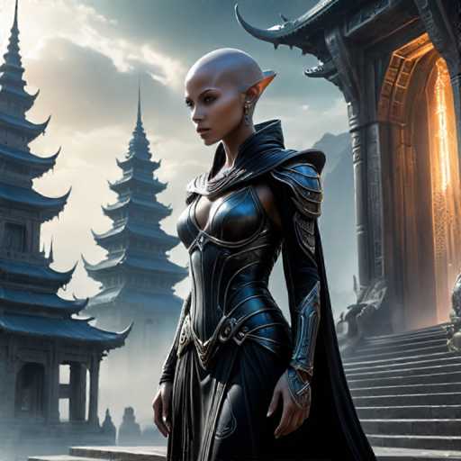 A woman with blonde hair and a black dress stands on a set of stairs leading up to a temple. The temple is adorned with blue and white decorations and has multiple tiers. The sky above the temple is filled with clouds, creating an atmospheric setting for the scene.