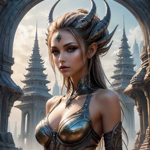 The image depicts a woman with blonde hair and long bangs wearing a silver bodysuit adorned with intricate designs. She is positioned in front of two large stone towers, one on each side of her head, suggesting she might be in a historical or fantasy setting. The woman's gaze is directed towards the camera, creating an engaging visual narrative that draws the viewer into the scene.