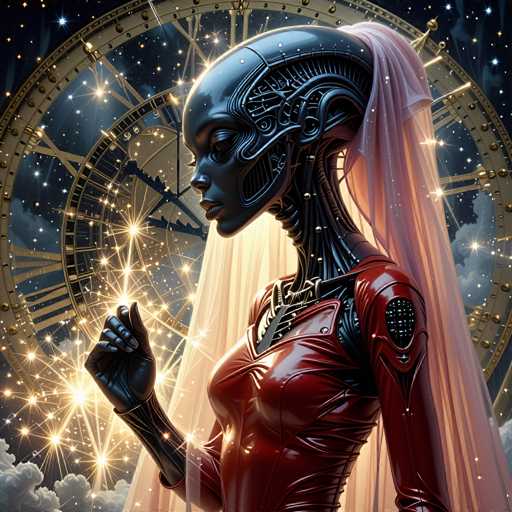 The image depicts a futuristic woman with a metallic body and a red dress, standing against the backdrop of a large clock that is illuminated by stars. The woman's face is partially obscured by her headdress, which features a silver design.