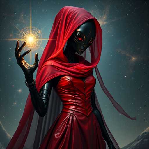 A woman with red hair and a black dress stands against a dark blue sky dotted with stars. She holds a star in her hand, which is the main focus of the image. The background features a snowy mountain range under a starry night sky.