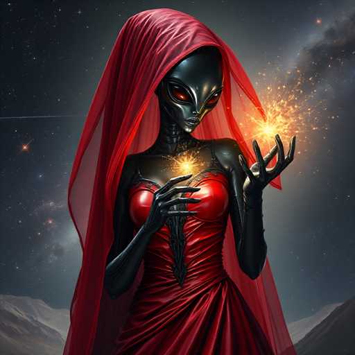 A woman with red hair and a black dress stands against a dark sky filled with stars. She holds a small star in her hands.