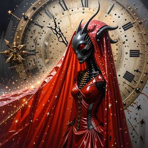 The image depicts a woman with a red dress and a mask on her face standing in front of a large clock that is adorned with gold stars. The clock has Roman numerals and the hands are black against the white background.