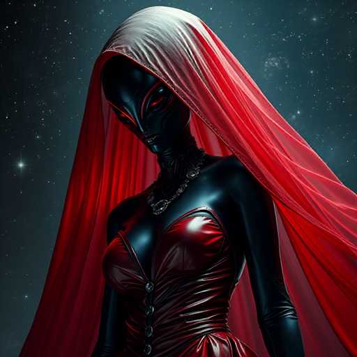 A woman with red hair and a black dress stands against a dark blue backdrop adorned with stars. She wears a white headscarf that contrasts with her vibrant attire. The image is rendered in a digital art style, characterized by its use of bold colors and abstract shapes to create an otherworldly atmosphere.