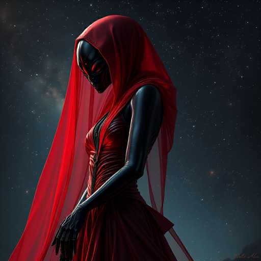 A woman is captured in a moment of solitude against the backdrop of a starry night sky. She is dressed in a red dress that contrasts with her black bodysuit and hooded cape. The woman's face is obscured by a mask, adding an air of mystery to her presence. Her hands are gently placed on her hips as she gazes off into the distance.