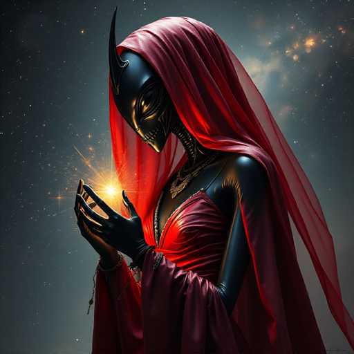 A woman with a red dress and black mask stands against a dark blue sky filled with stars. She holds a small star in her hands.