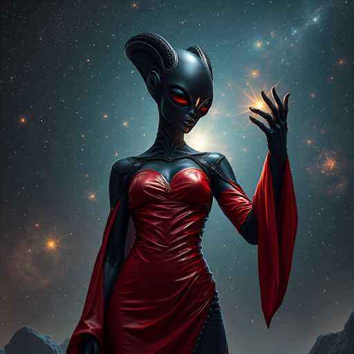 A woman with red hair and a black dress stands against a backdrop of stars and mountains. She holds a star in her hand, which is the main focus of the image. The woman's face is partially obscured by her dress, adding an air of mystery to her appearance.