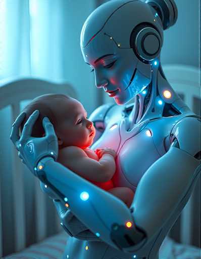 A woman holding a baby with blue lights on her face and arms.