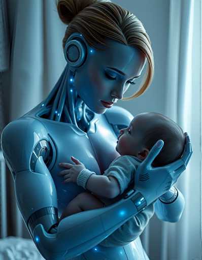 A woman dressed as a robot cradling a baby in her arms against a white wall with a window and curtains.