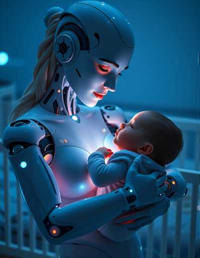 A woman holding a baby in her arms against a blue background with white stripes and lights.