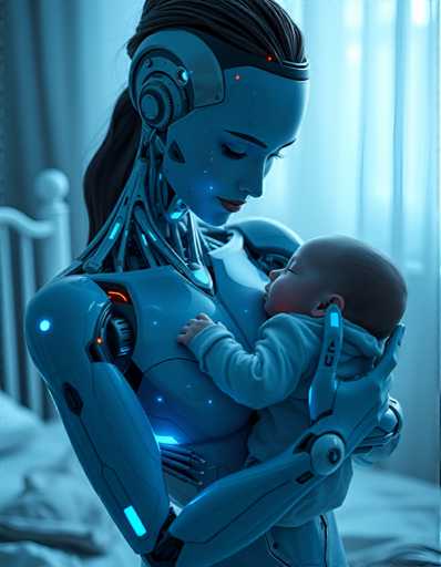 A woman dressed as a robot cradling a baby in her arms against a blue background with white curtains and a window.