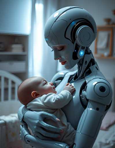 A mother robot cradling a baby robot on her chest in a bedroom setting.